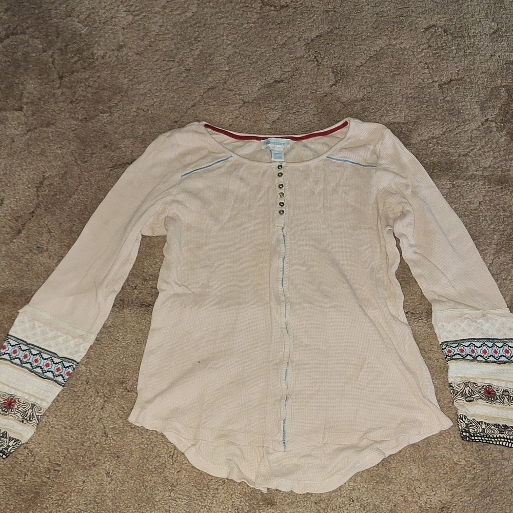 Sundance Top Pink Thermal Waffle Knit Long Sleeve Beaded Embroidered Cuff Henley